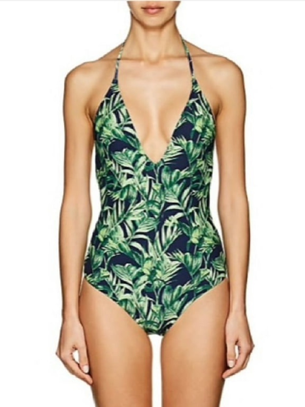 Onia Nina Green Leaf Print Halter One-Piece Swimsuit